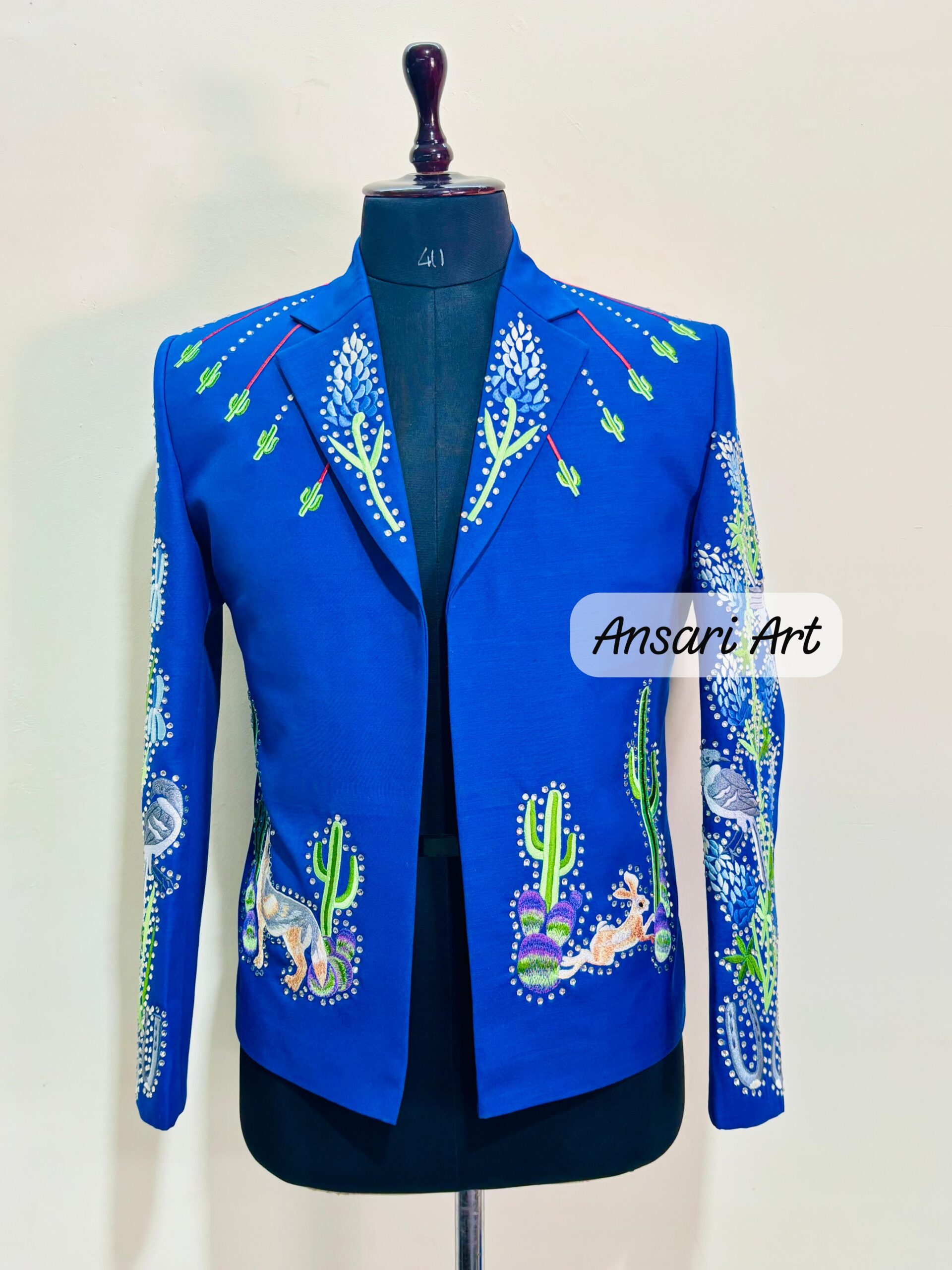 Men Blue 2Pc Vintage Western Suit Cactus Leaf Embroidered With Rhinestones A Retro Inspired Cowboy Suit For Weddings Prom and Special Events - Image 4
