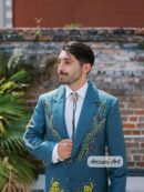 Men Teal Bespoke Custom Nature Embroidered Suit, Frog Bee Leaf Design, Artistic Groom Wedding Outfit