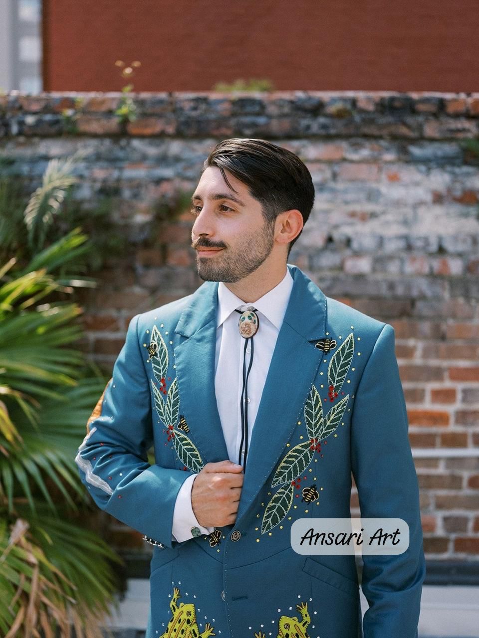 Men Teal Bespoke Custom Nature Embroidered Suit, Frog Bee Leaf Design, Artistic Groom Wedding Outfit