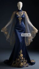 Navy Blue Embroidered Evening Gown with Sheer Cape, Gold Floral Luxury Formal Dress for Wedding, Reception & Gala Events