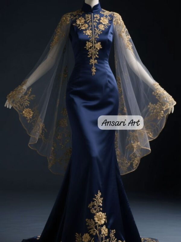 Navy Blue Embroidered Evening Gown with Sheer Cape, Gold Floral Luxury Formal Dress for Wedding, Reception & Gala Events