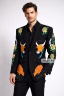 Men 2Pc Black Customized Panther City Embroidered Western Bohemian Vintage Style Unique Prom Boho Wedding Groom Party Event Outfit