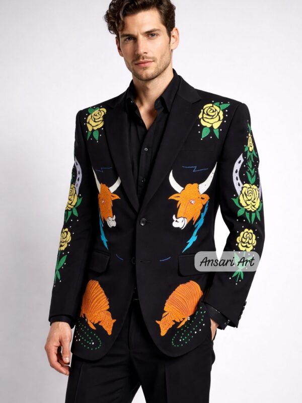 Men 2Pc Black Customized Panther City Embroidered Western Bohemian Vintage Style Unique Prom Boho Wedding Groom Party Event Outfit