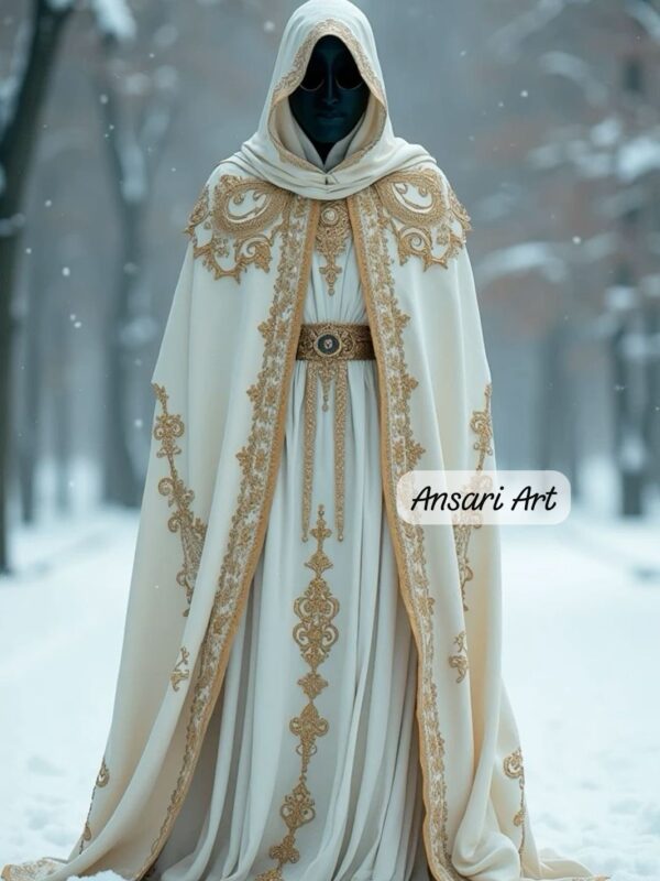 White/Ivory Hooded Wedding Cloak with Gold Embroidery | Luxury Winter Bridal Cape | Fantasy Queen or Elven Ceremony Robe