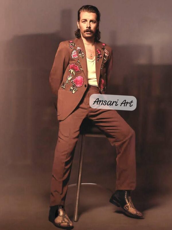 Men 2Pc Custom Embroidered Brown Suit for Men, Floral Rose Jacket & Pants, Handmade Designer Outfit, Artistic Statement Menswear