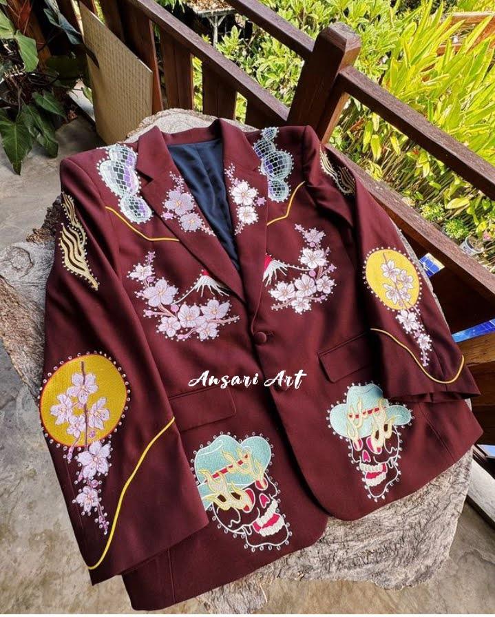 Men 2Pc Hand Embroidered Burgundy Wedding Suit for Men, Floral Landscape Blazer & Pants, Custom Groom Outfit - Image 3
