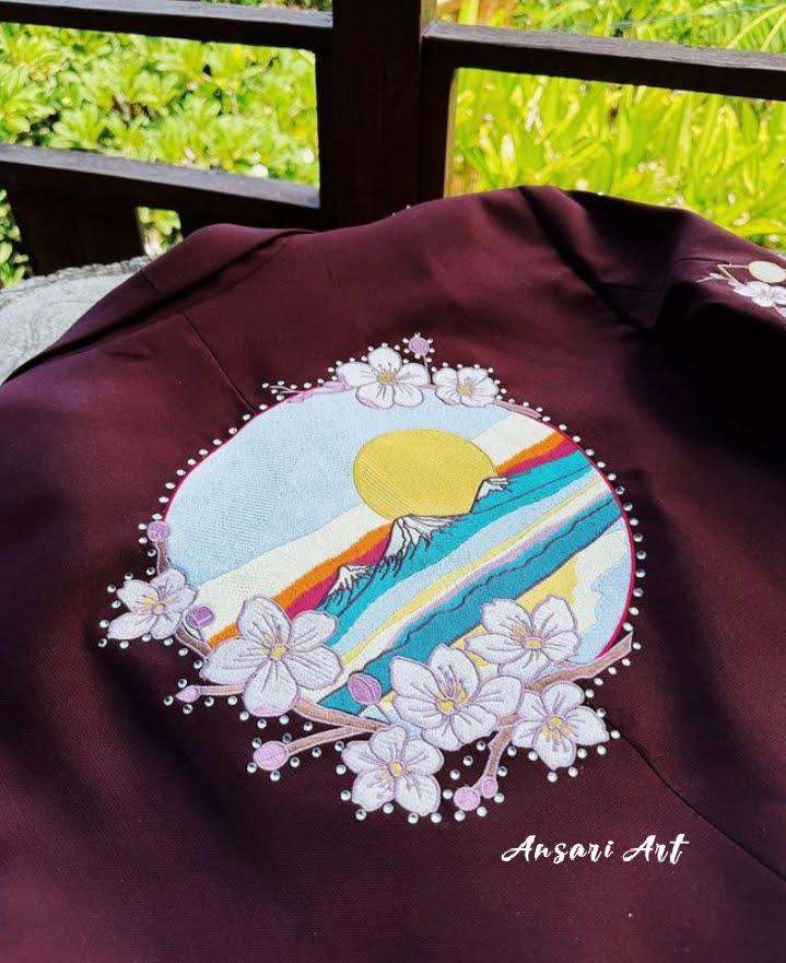 Men 2Pc Hand Embroidered Burgundy Wedding Suit for Men, Floral Landscape Blazer & Pants, Custom Groom Outfit - Image 6