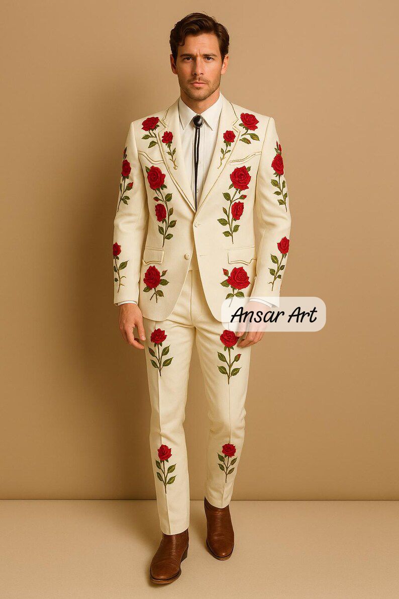 Men Designer Ivory 2Pc Customized Rose Floral Embroidered Country Western events & rodeo Nudie Cowboy Weddings Prom Parties Pantsuit Set - Image 4