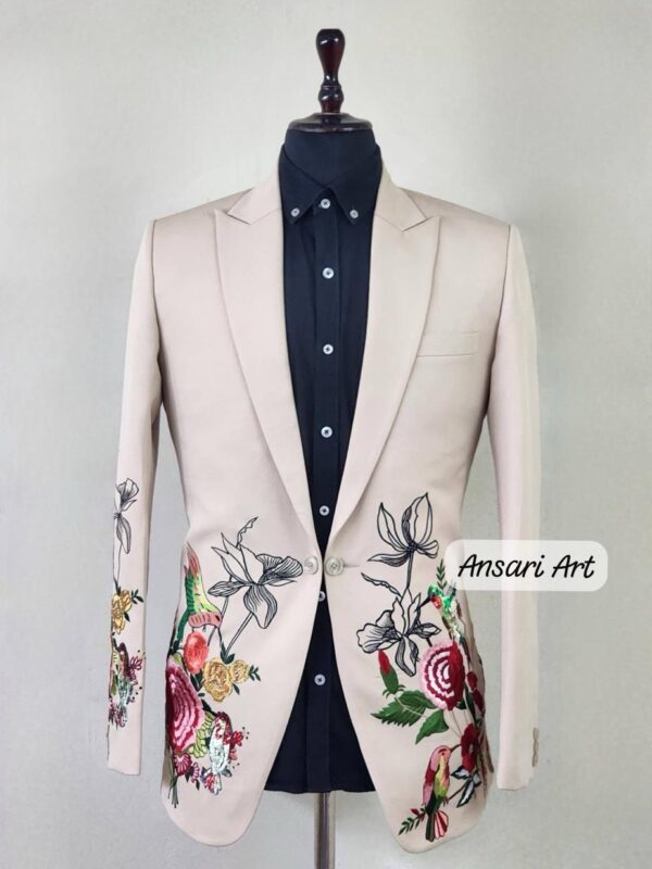 Men Beige 2Pc Bespoke Floral Flower Vines Embroidered Handmade Rhinestone Country Western Suit Retro Tuxedo Cocktail Party Wedding Groom Set