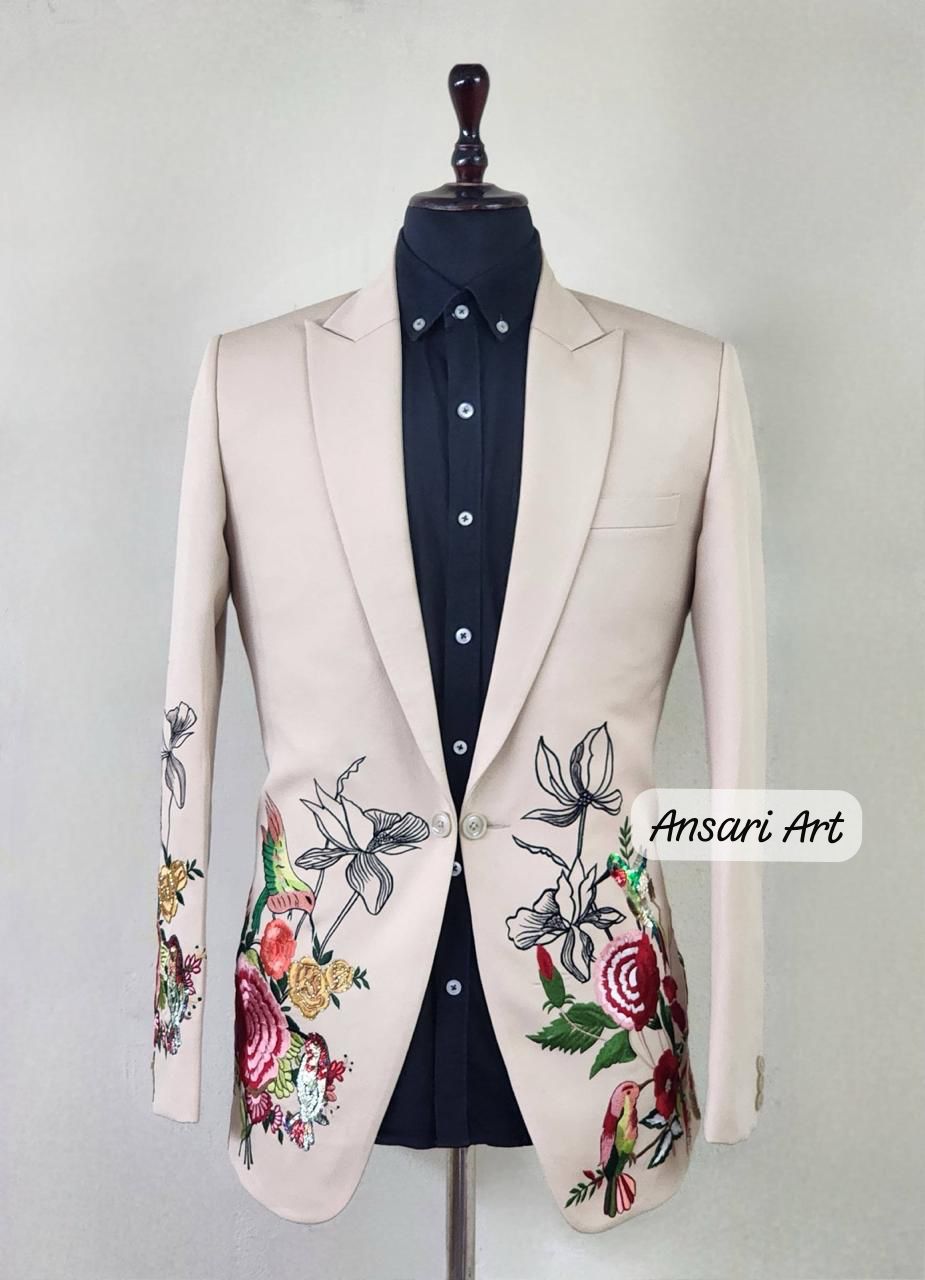 Men Beige 2Pc Bespoke Floral Flower Vines Embroidered Handmade Rhinestone Country Western Suit Retro Tuxedo Cocktail Party Wedding Groom Set
