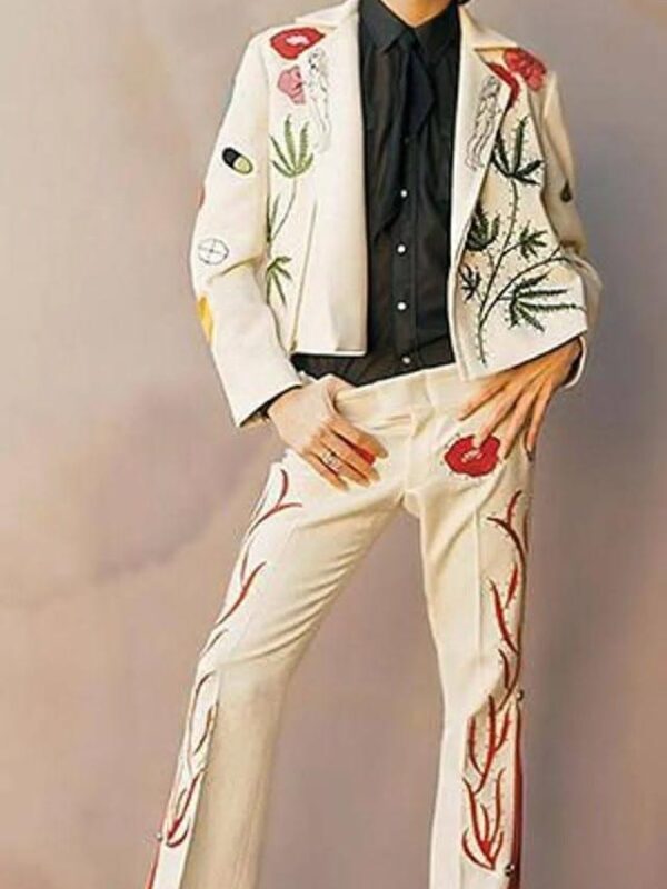 Men Designer Ivory 2Pc Bespoke Customized Floral Leaf Embroidered with Rhinestone Cowboy Nudie Suit Western Cowboy Cocktail Prom Parties Set