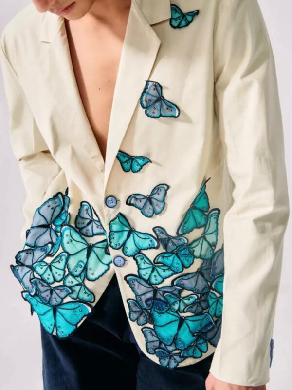 Men Ivory 2Pc Custom Western Suit Butterfly Embroidery & Rhinestone Accents Cowboy Nudie Country Western Cocktail Prom Parties Weddings Set