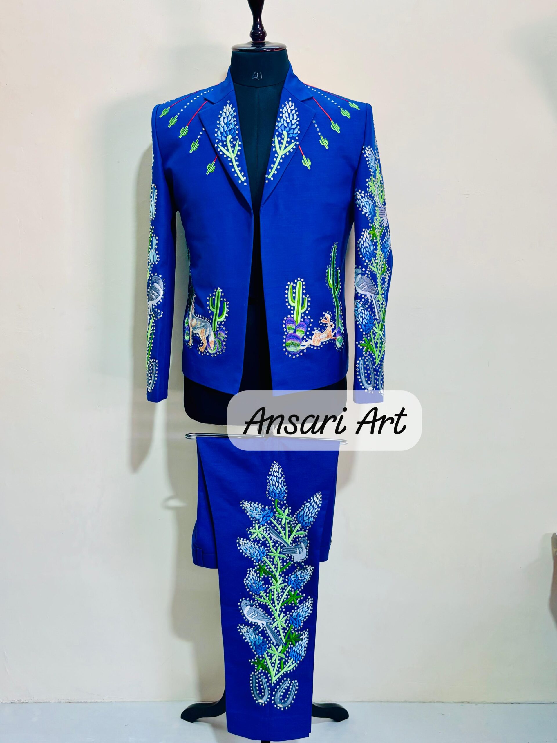 Men Blue 2Pc Vintage Western Suit Cactus Leaf Embroidered With Rhinestones A Retro Inspired Cowboy Suit For Weddings Prom and Special Events - Image 5