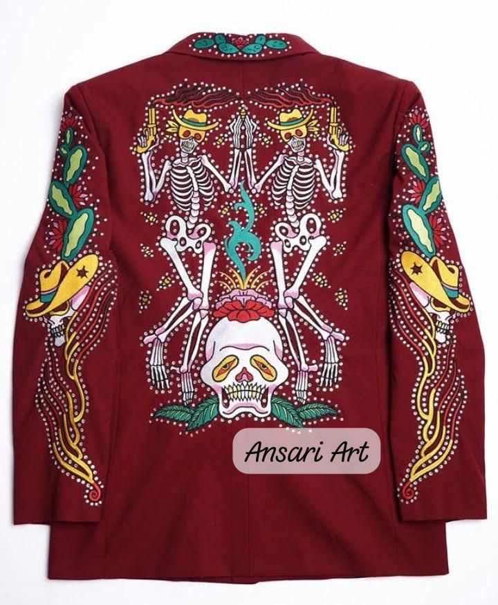 Men's Maroon 2Piece Cowboy Western Nudie Suit – Skeleton Floral Embroidery with Rhinestones & High Waist Pant Cocktail Prom Parties Weddings Set - Image 2