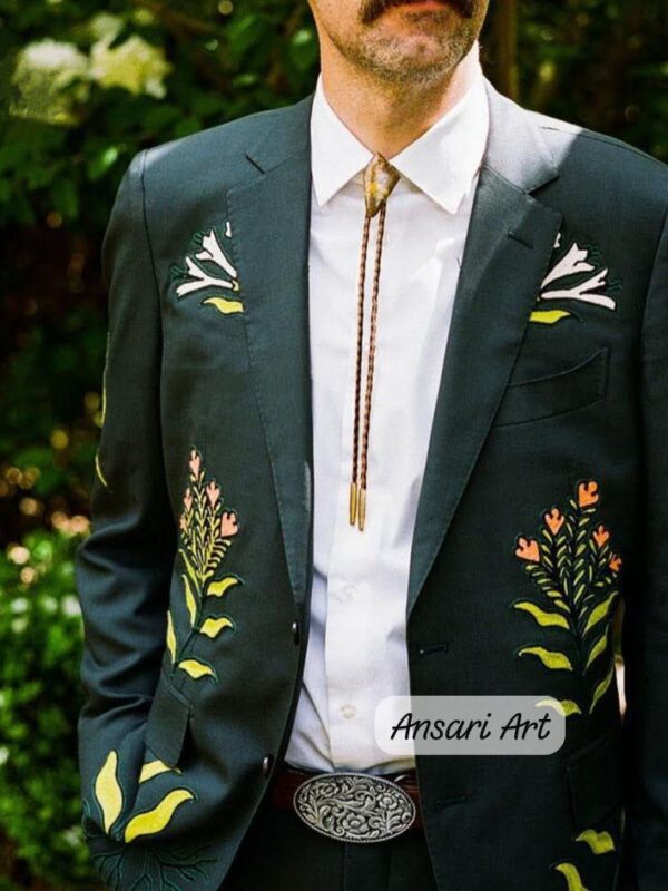 Men's Designer 2-Piece Green Western Suit – Bespoke Floral Embroidered Cowboy Wedding Attire Cocktail Prom Parties Groomsmen Pantsuit Set Back T Letter Customized
