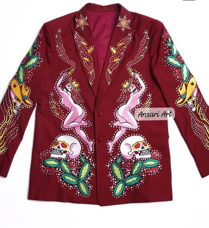 Men's Maroon 2Piece Cowboy Western Nudie Suit – Skeleton Floral Embroidery with Rhinestones & High Waist Pant Cocktail Prom Parties Weddings Set - Image 3