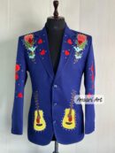 Men's Royal Blue 2-Piece Custom Embroidered Western Suit | Floral & Guitar Design with Rhinestones Cowboy Cocktail Prom Parties Weddings Set