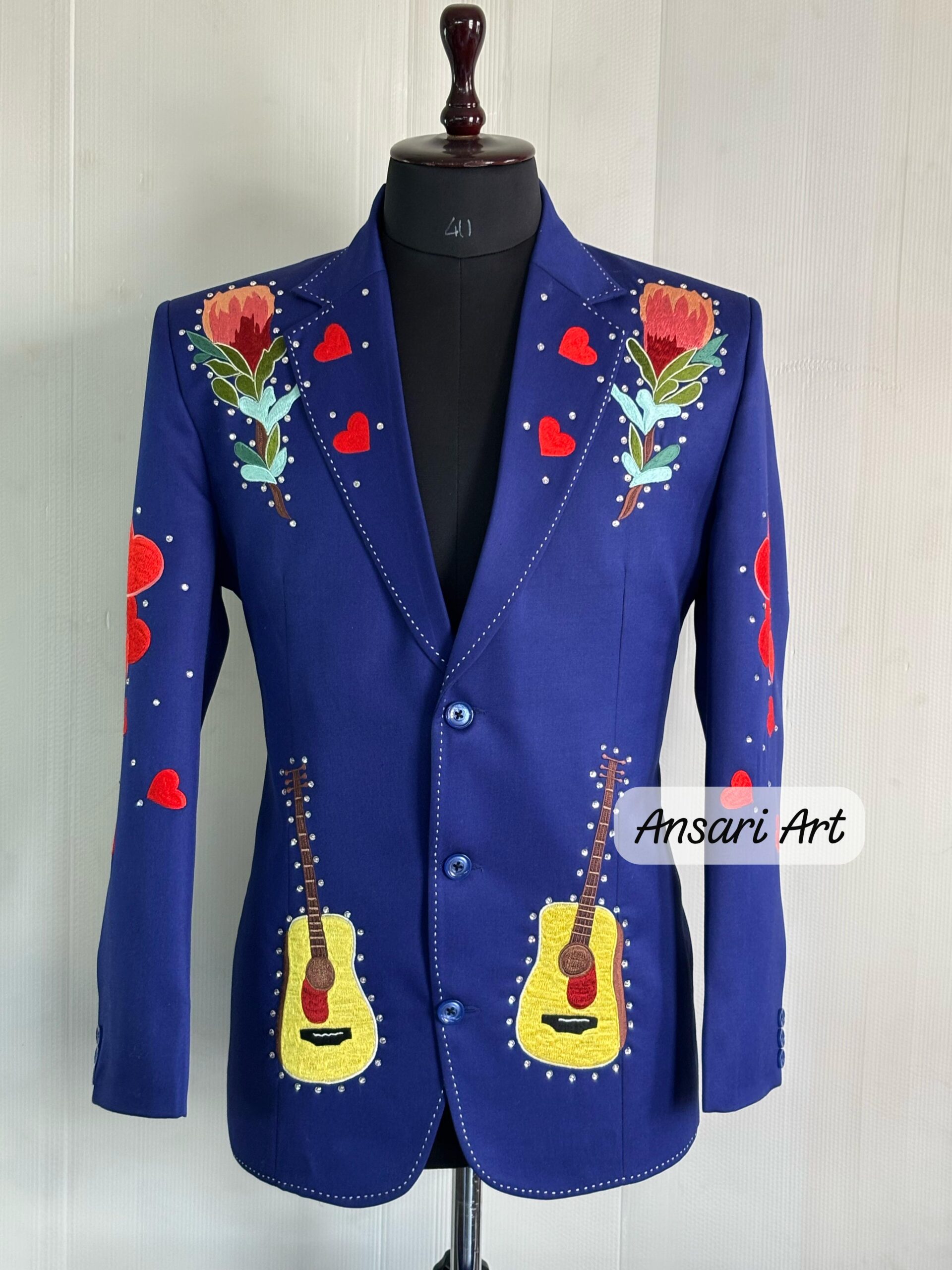 Men's Royal Blue 2-Piece Custom Embroidered Western Suit | Floral & Guitar Design with Rhinestones Cowboy Cocktail Prom Parties Weddings Set
