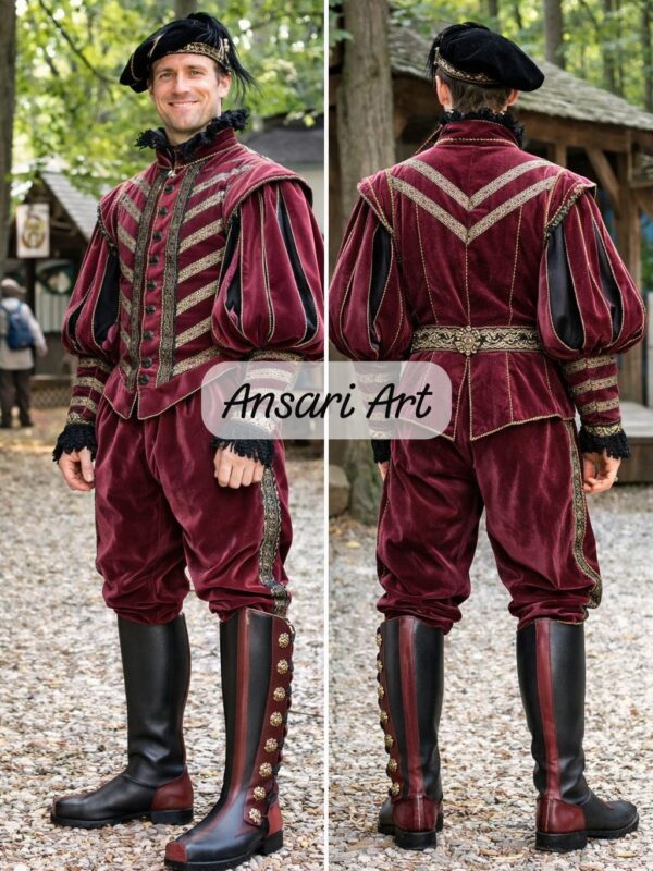 Men Renaissance Medieval Burgundy Velvet Costume | Custom Tudor Noble Outfit | Vintage Royal LARP Wedding Groom Fair Attire