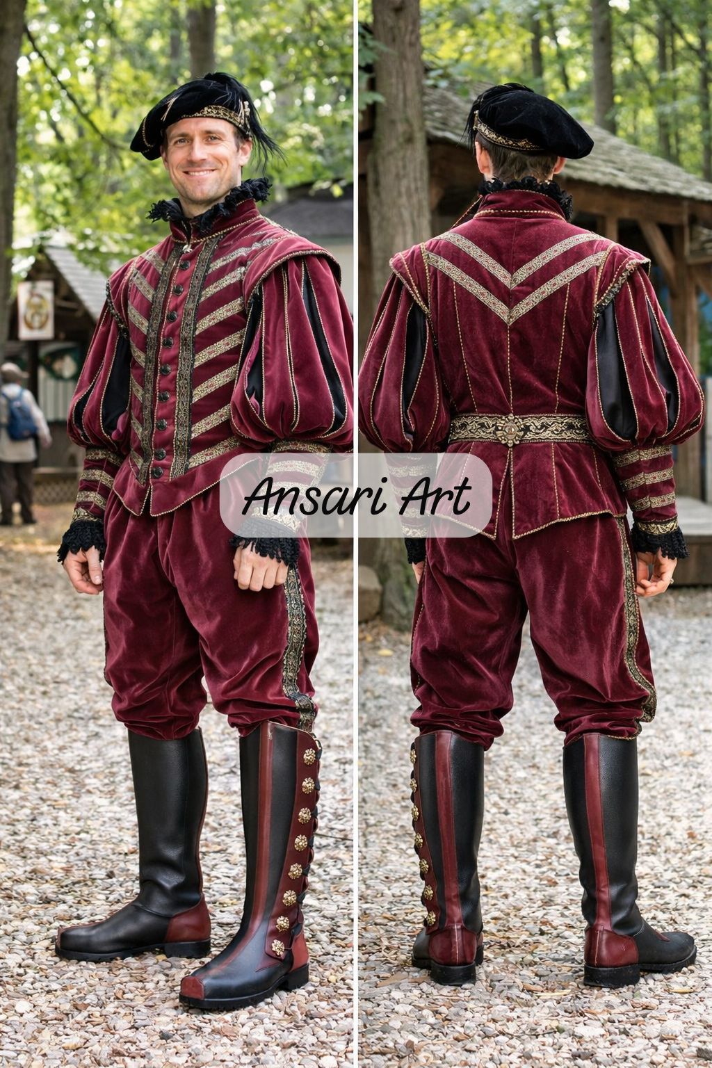 Men Renaissance Medieval Burgundy Velvet Costume | Custom Tudor Noble Outfit | Vintage Royal LARP Wedding Groom Fair Attire