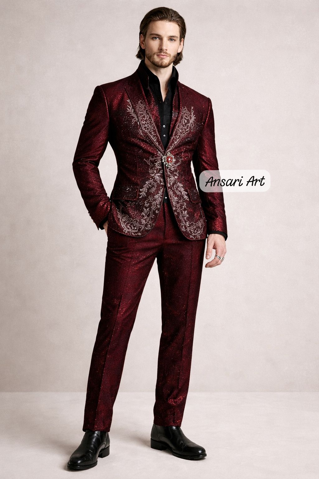 Men Burgundy Embroidered Suit with Cape | Custom Royal Wedding Groom Outfit | Luxury Designer Prom Party Statement Attire - Image 3