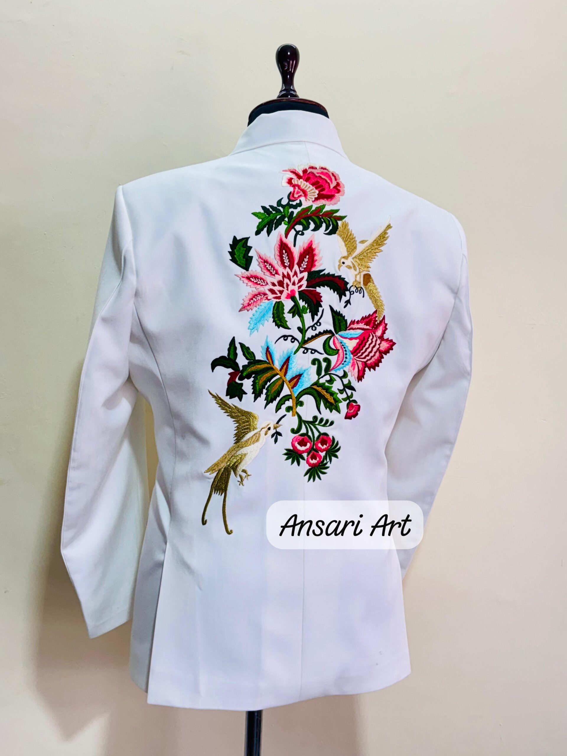 Men White 2Pc Customized Country Western Nudie Suit, exquisitely embroidered with colorful floral and bird motifs Cowboy Cocktail Prom Set - Image 2