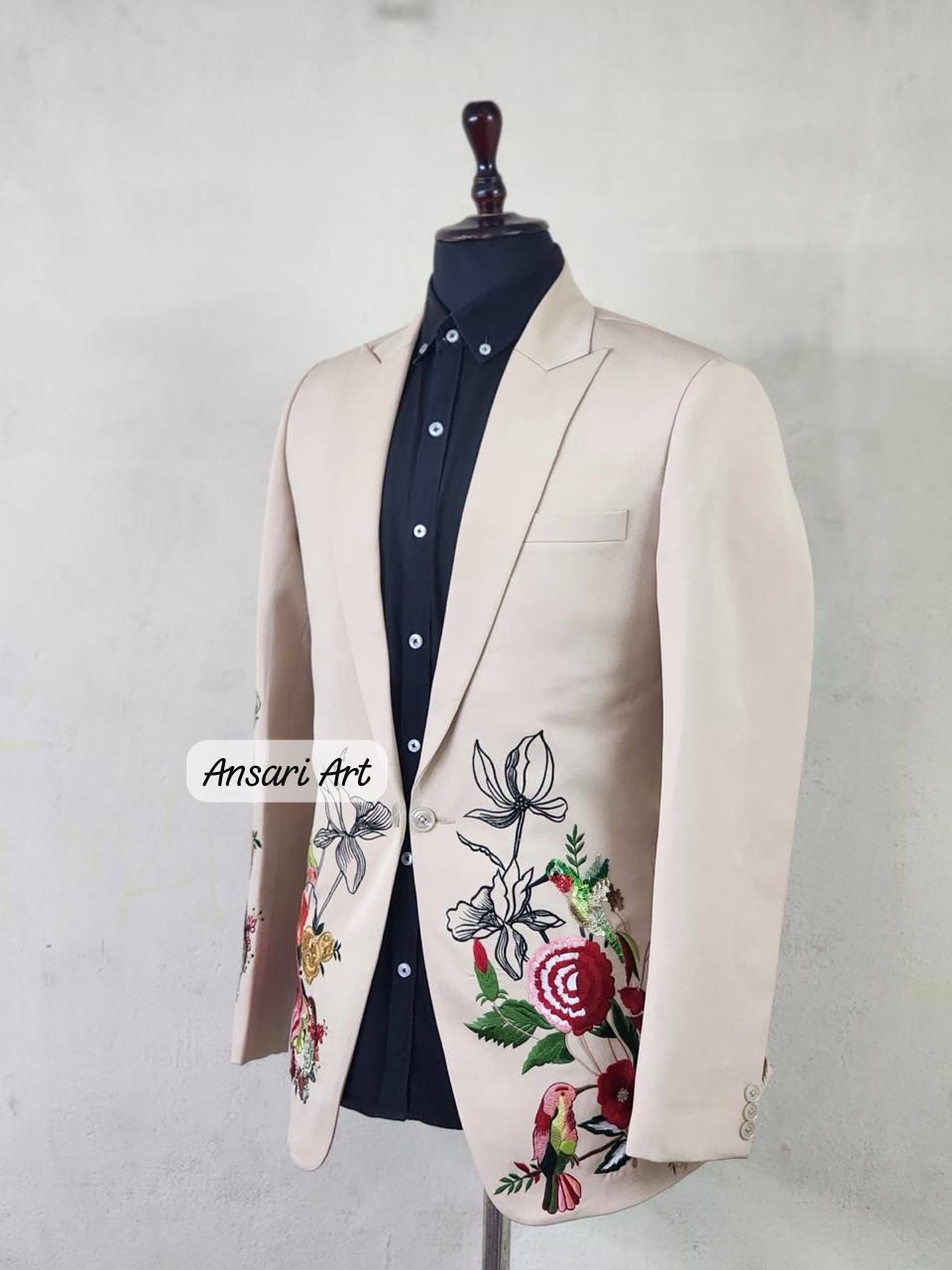 Men Beige 2Pc Bespoke Floral Flower Vines Embroidered Handmade Rhinestone Country Western Suit Retro Tuxedo Cocktail Party Wedding Groom Set - Image 4