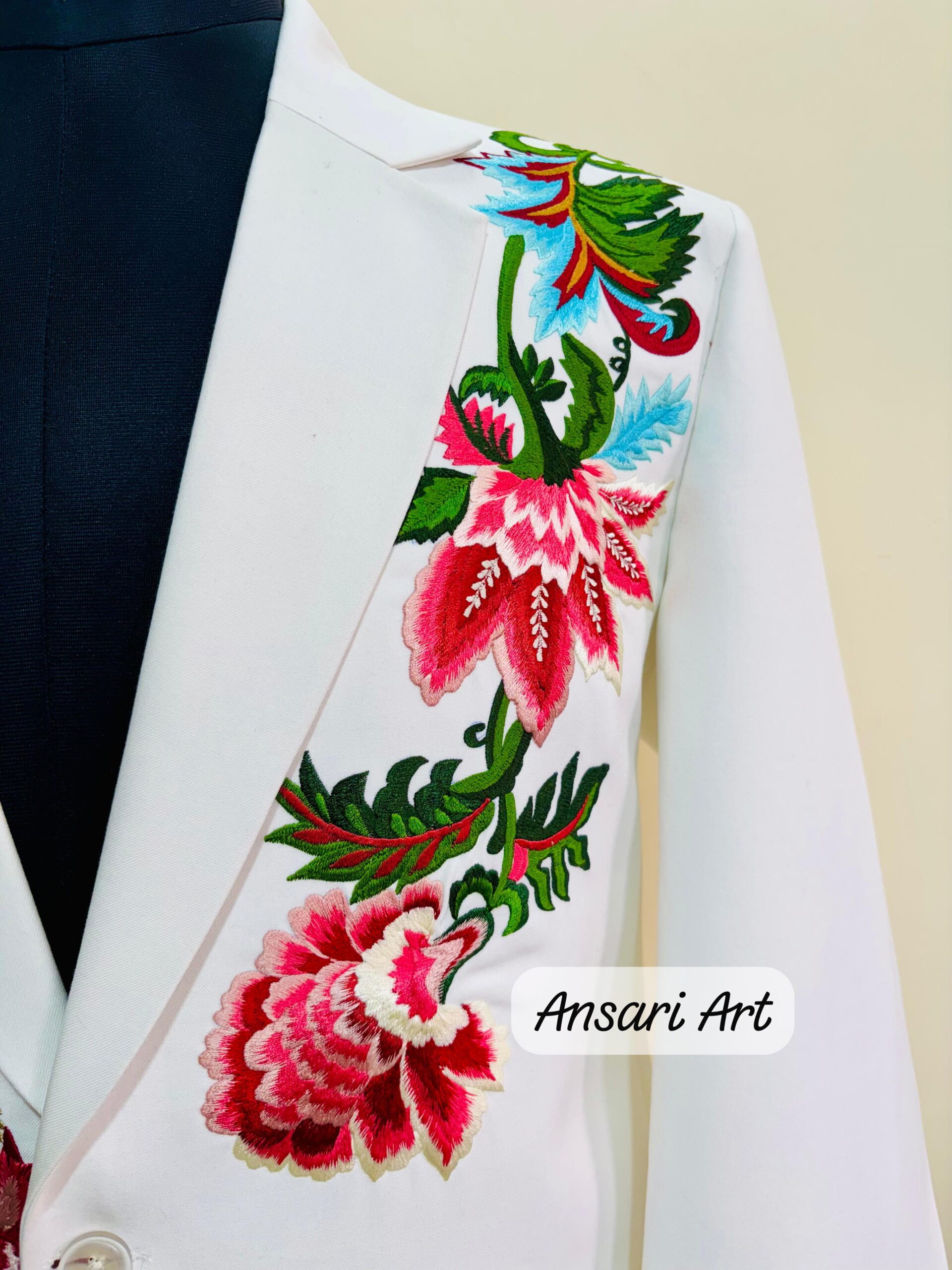 Men White 2Pc Customized Country Western Nudie Suit, exquisitely embroidered with colorful floral and bird motifs Cowboy Cocktail Prom Set - Image 5