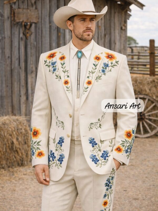 Men 2Pc Ivory Handmade Bespoke Floral Embroidered Cowboy Western Nudie Suit | Vintage Wedding Groom Outfit