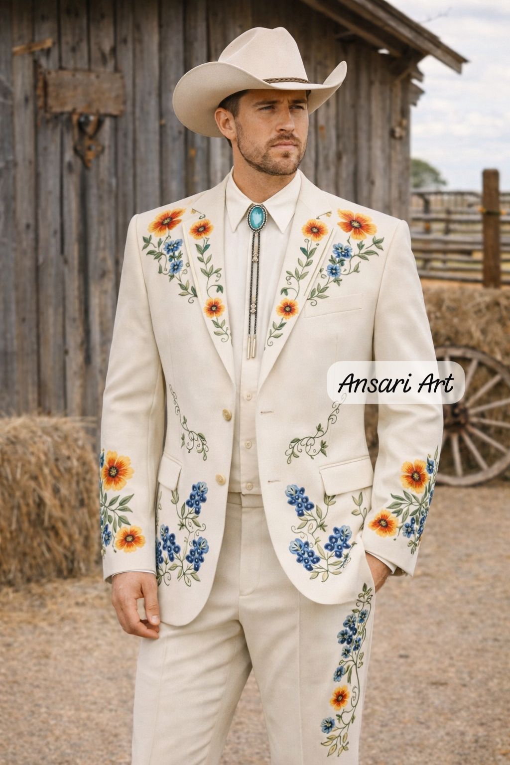 Men 2Pc Ivory Handmade Bespoke Floral Embroidered Cowboy Western Nudie Suit | Vintage Wedding Groom Outfit