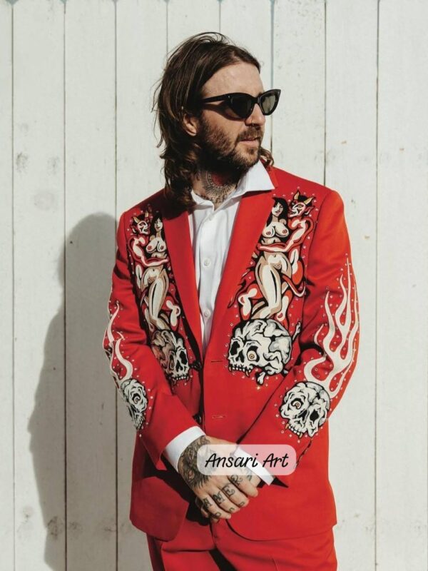 Men 2Pc Hand Embroidered Red Gothic Suit for Men, Skull Blazer & Pants, Custom Statement Wedding Outfit