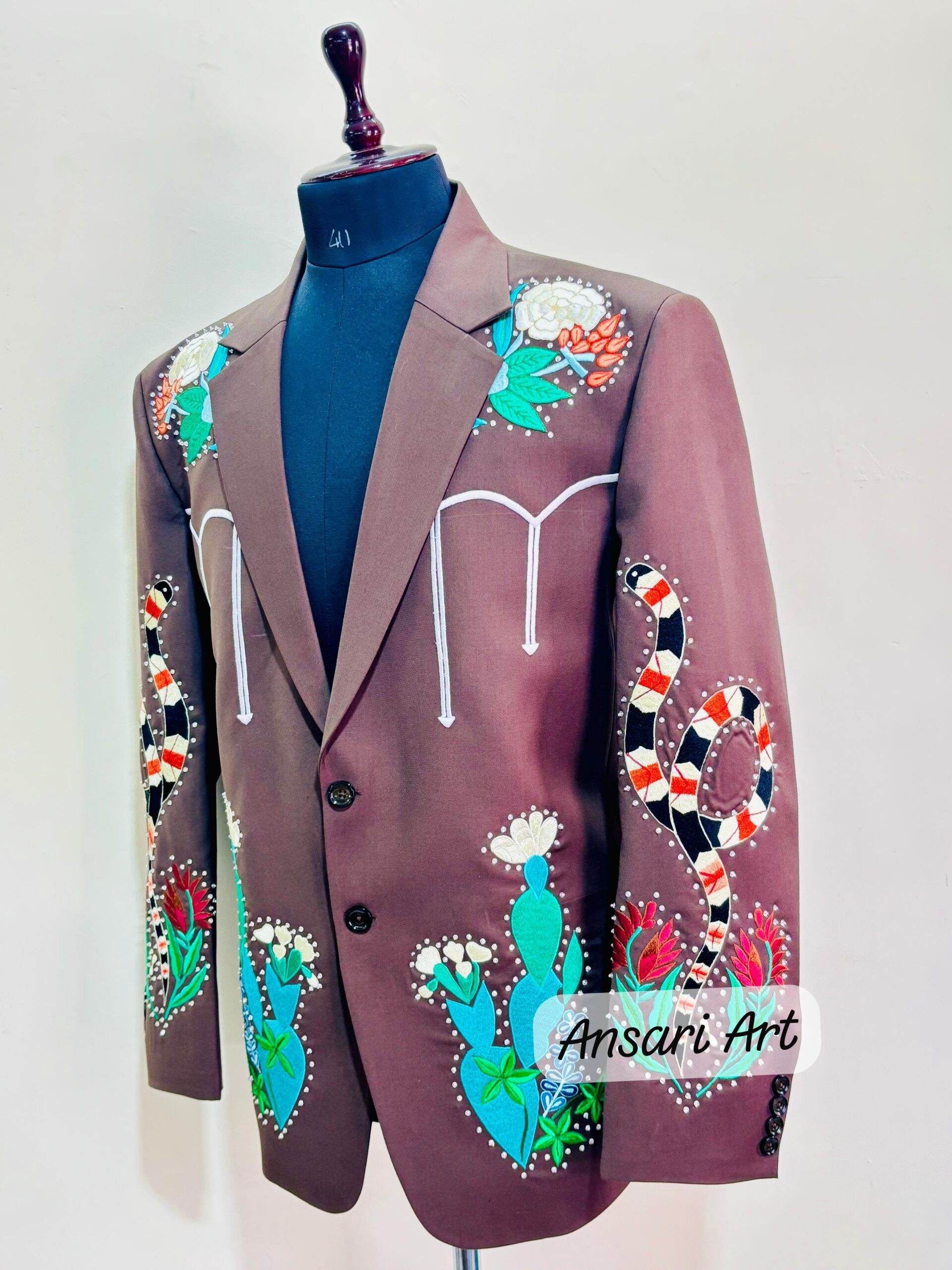 Men Designer Brown 2Pc Bespoke Country Western Cactus Floral Snacks Embroidered Nudie Cowboy Cocktail Prom Party Weddings Outfit - Image 5