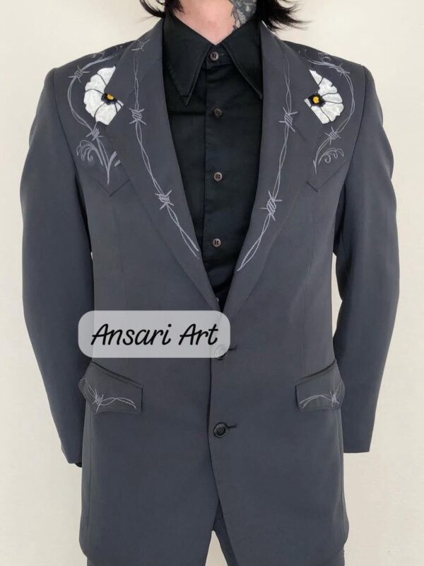 Men’s Grey Embroidered Western Suit | Floral & Barbed Wire Design | Vintage Nudie Style Cowboy Outfit