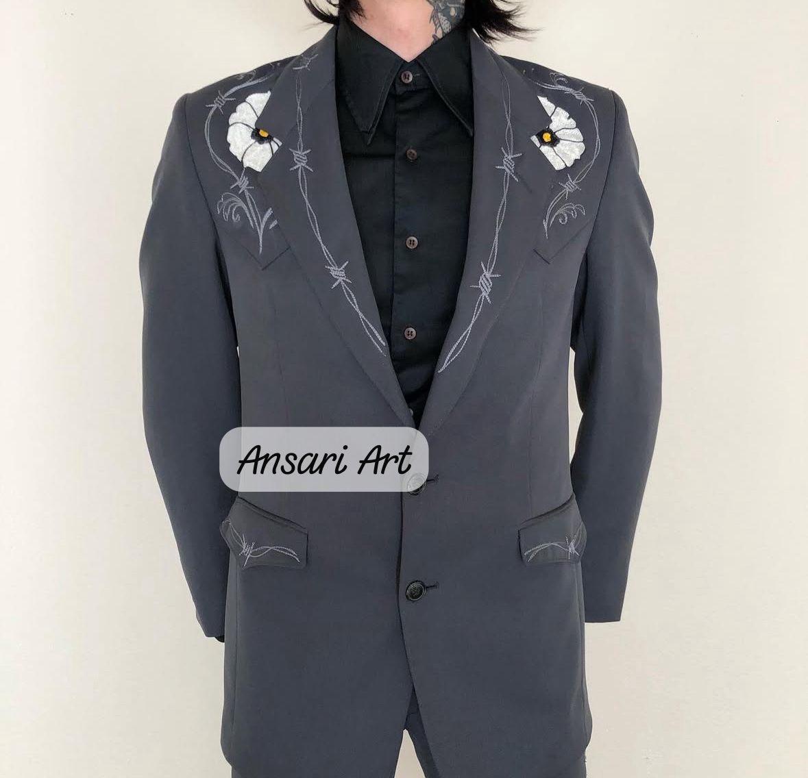 Men’s Grey Embroidered Western Suit | Floral & Barbed Wire Design | Vintage Nudie Style Cowboy Outfit