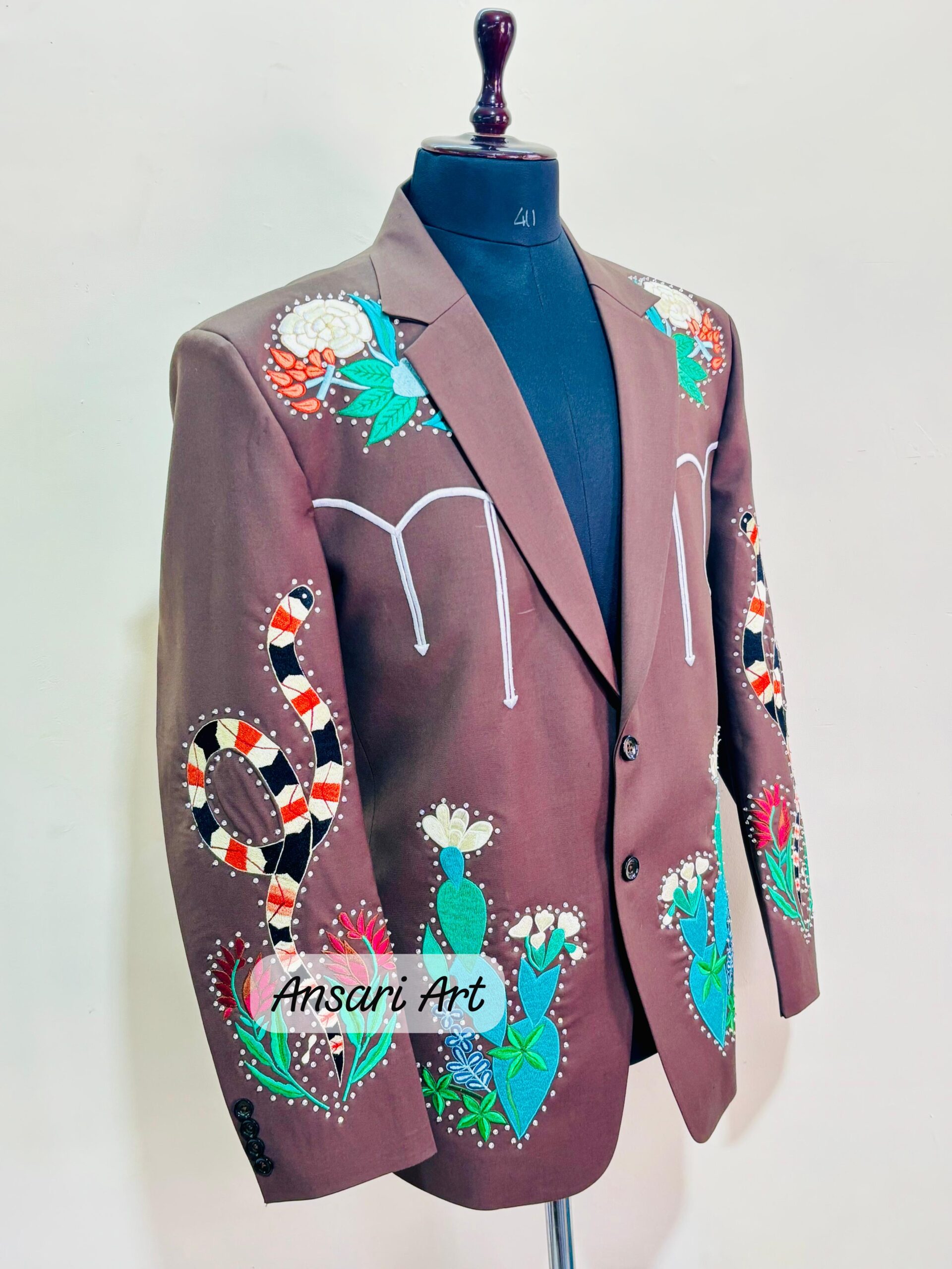 Men Designer Brown 2Pc Bespoke Country Western Cactus Floral Snacks Embroidered Nudie Cowboy Cocktail Prom Party Weddings Outfit - Image 4