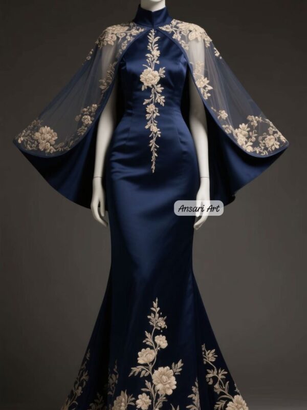 Navy Blue Embroidered Evening Gown with Sheer Cape, Gold Floral Luxury Formal Dress for Wedding Reception & Events