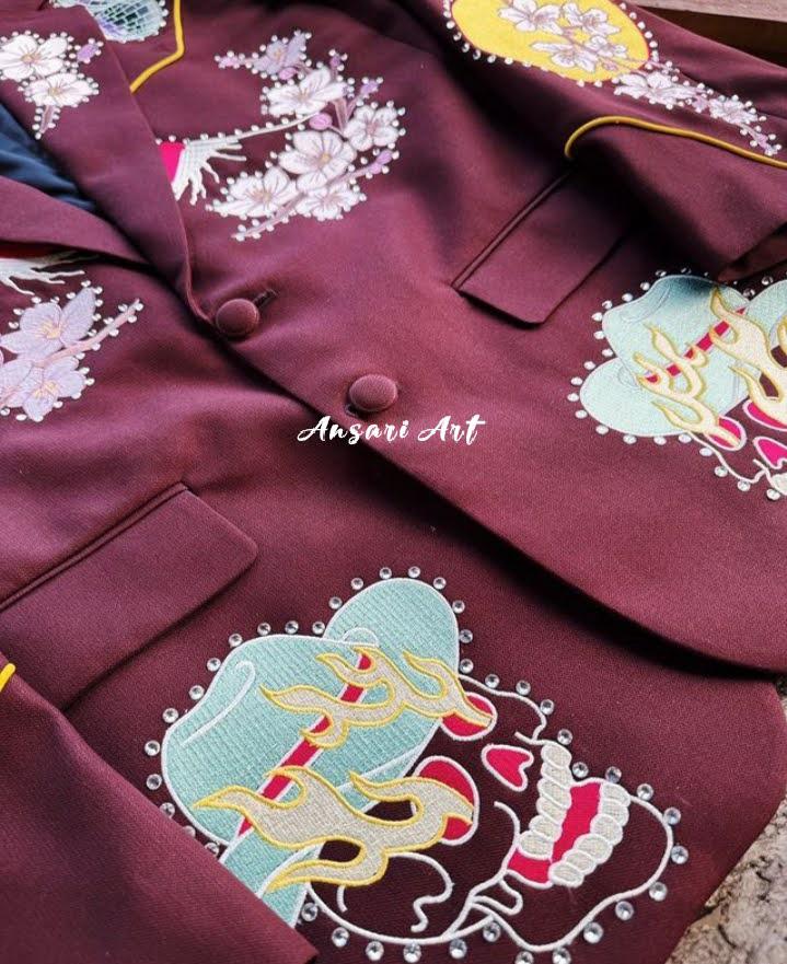 Men 2Pc Hand Embroidered Burgundy Wedding Suit for Men, Floral Landscape Blazer & Pants, Custom Groom Outfit - Image 4