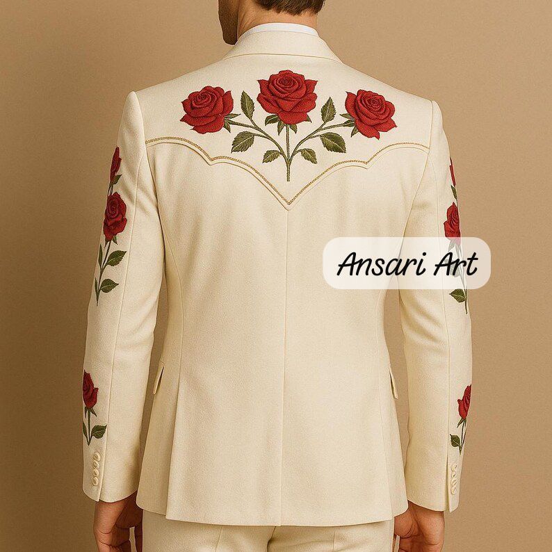 Men Designer Ivory 2Pc Customized Rose Floral Embroidered Country Western events & rodeo Nudie Cowboy Weddings Prom Parties Pantsuit Set - Image 2