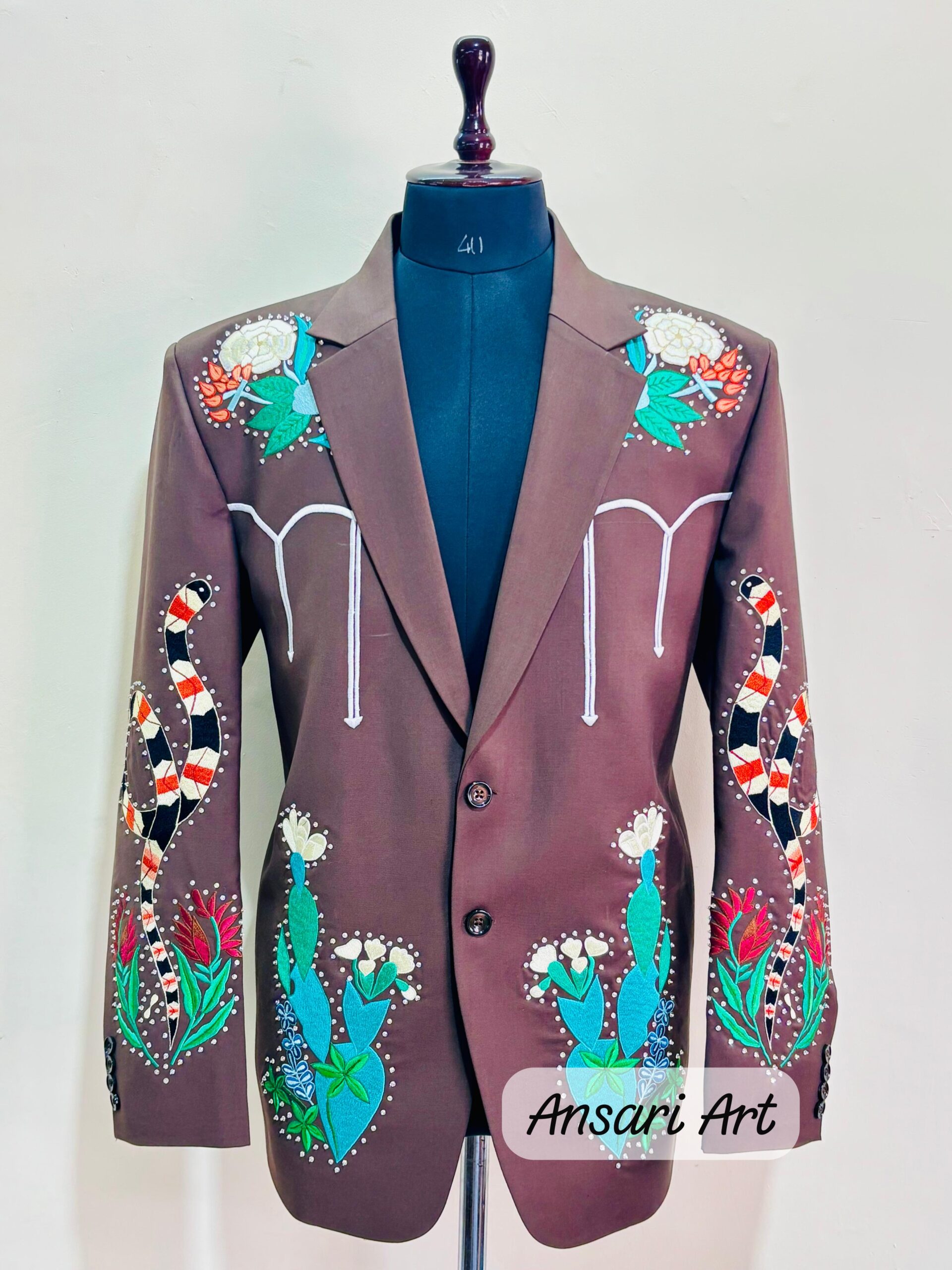 Men Designer Brown 2Pc Bespoke Country Western Cactus Floral Snacks Embroidered Nudie Cowboy Cocktail Prom Party Weddings Outfit