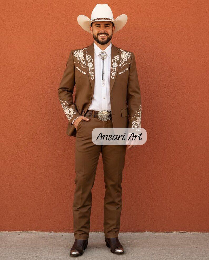 Men Brown 2Pc Bespoke Floral Embroidered Cowboy Country Western Nudie Weddings, rodeos, performances, and special occasions Pantsuit Set - Image 4