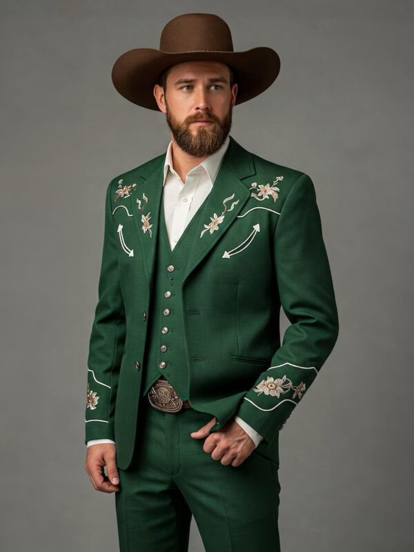 Men’s Designer Green 3Pc Bespoke Country Western Pantsuit – Floral Embroidered Statement Outfit for Groom, Prom, Wedding, Cowboy Nudie Set