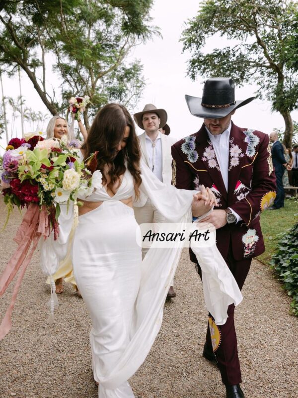Men 2Pc Hand Embroidered Burgundy Wedding Suit for Men, Floral Landscape Blazer & Pants, Custom Groom Outfit