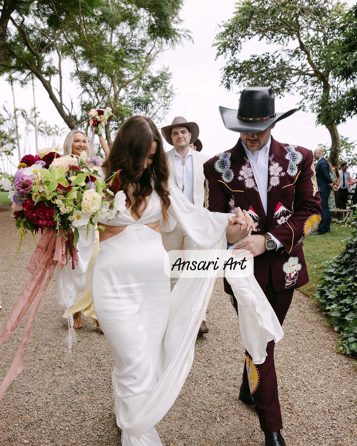 Men 2Pc Hand Embroidered Burgundy Wedding Suit for Men, Floral Landscape Blazer & Pants, Custom Groom Outfit