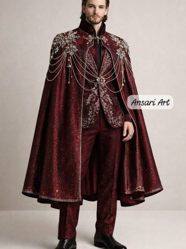 Men Burgundy Embroidered Suit with Cape | Custom Royal Wedding Groom Outfit | Luxury Designer Prom Party Statement Attire