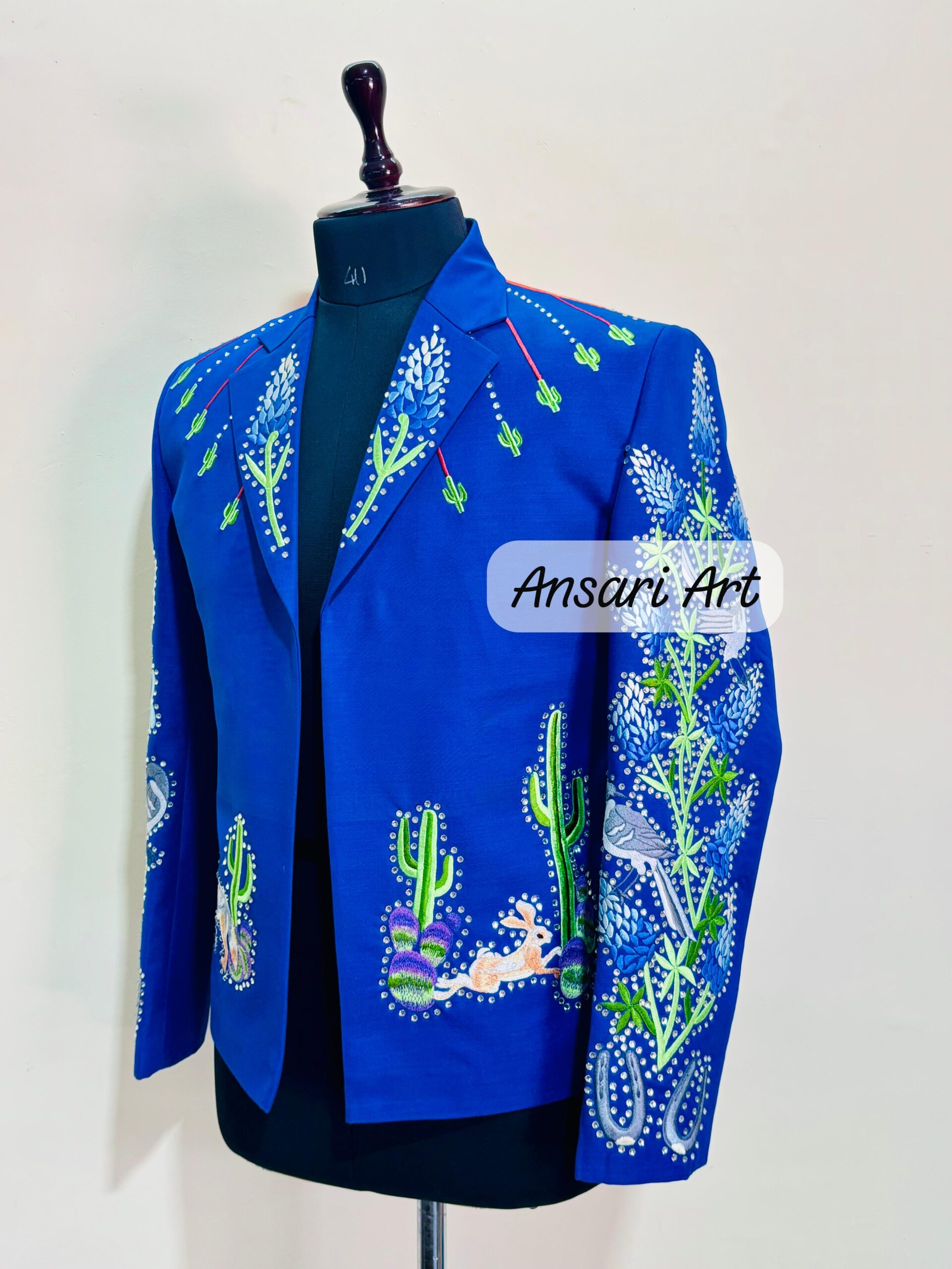 Men Blue 2Pc Vintage Western Suit Cactus Leaf Embroidered With Rhinestones A Retro Inspired Cowboy Suit For Weddings Prom and Special Events - Image 3
