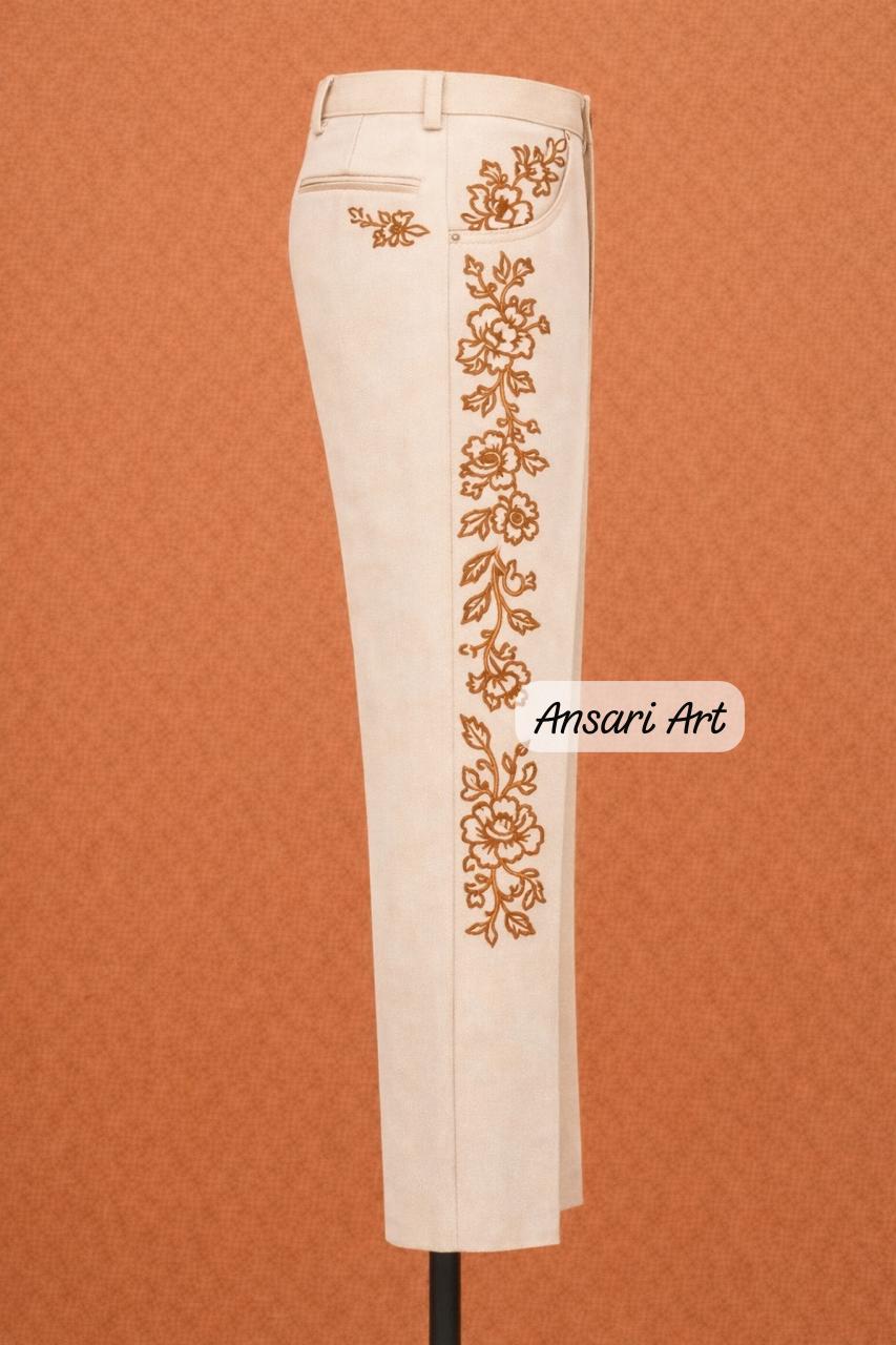 Men 2Pc Ivory Handmade Bespoke Floral Embroidered Cowboy Western Nudie Suit | Vintage Wedding Groom Outfit - Image 4