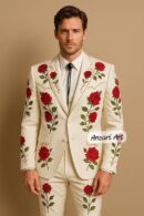 Men Designer Ivory 2Pc Customized Rose Floral Embroidered Country Western events & rodeo Nudie Cowboy Weddings Prom Parties Pantsuit Set