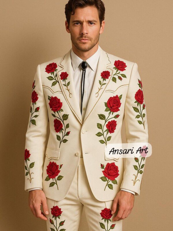 Men Designer Ivory 2Pc Customized Rose Floral Embroidered Country Western events & rodeo Nudie Cowboy Weddings Prom Parties Pantsuit Set