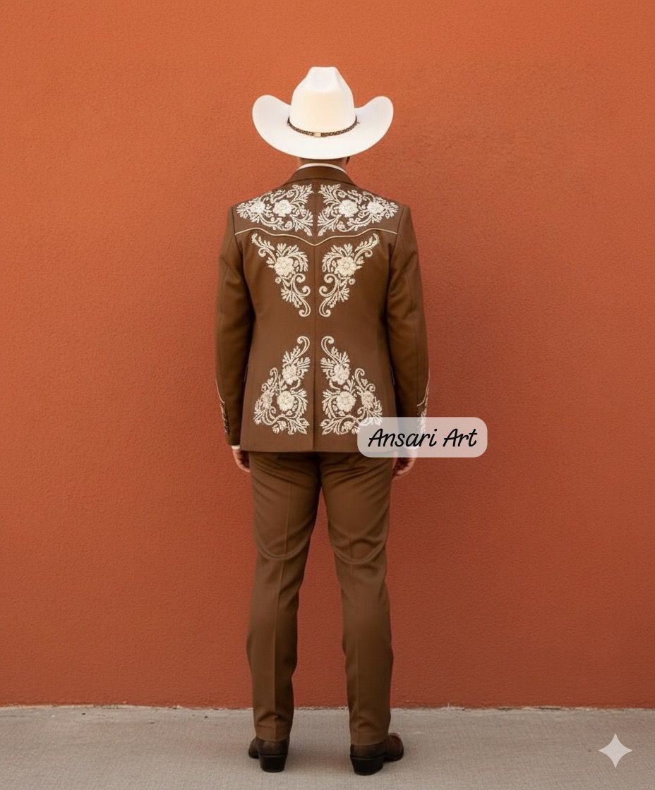 Men Brown 2Pc Bespoke Floral Embroidered Cowboy Country Western Nudie Weddings, rodeos, performances, and special occasions Pantsuit Set - Image 2