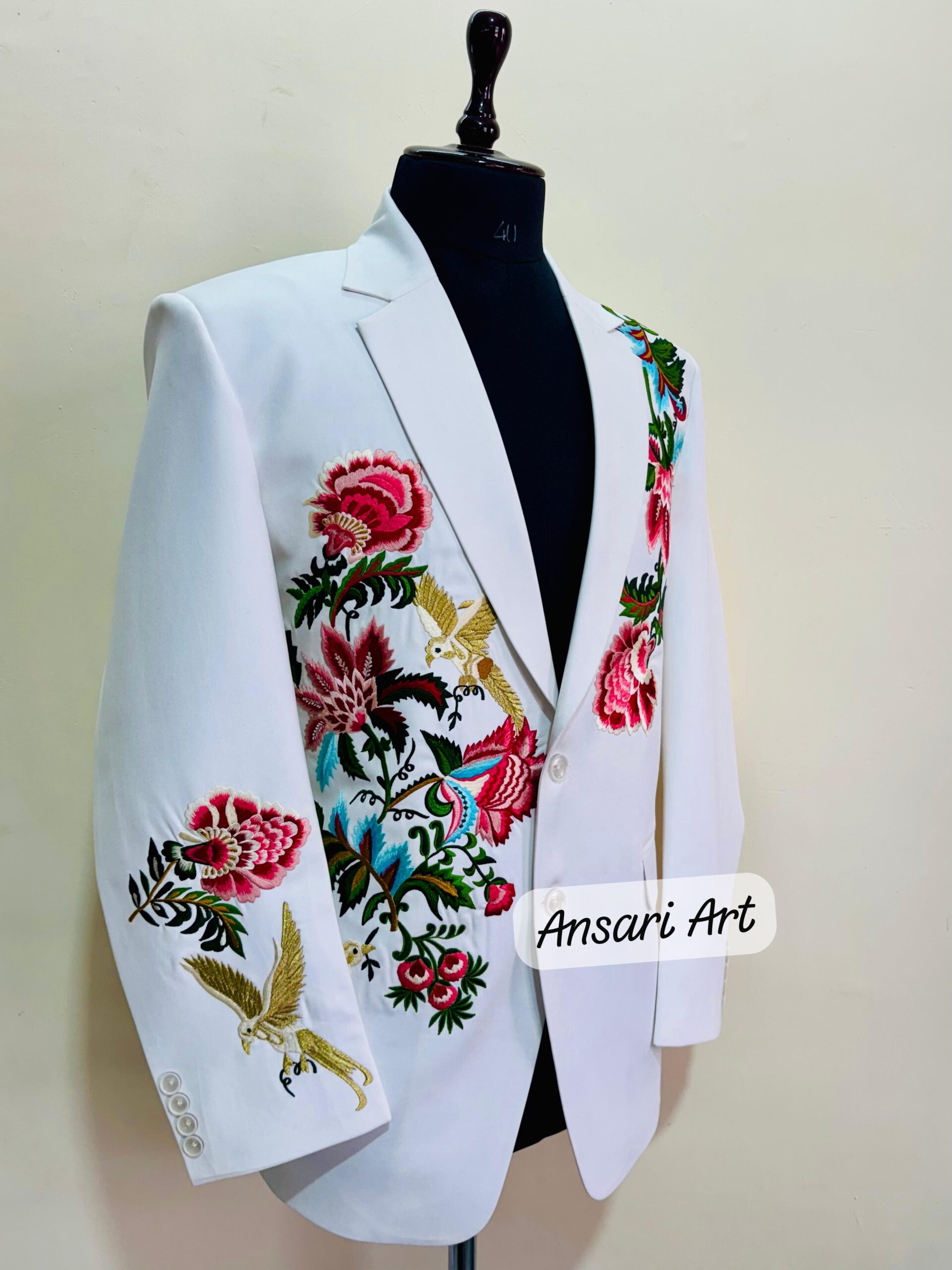 Men White 2Pc Customized Country Western Nudie Suit, exquisitely embroidered with colorful floral and bird motifs Cowboy Cocktail Prom Set - Image 4